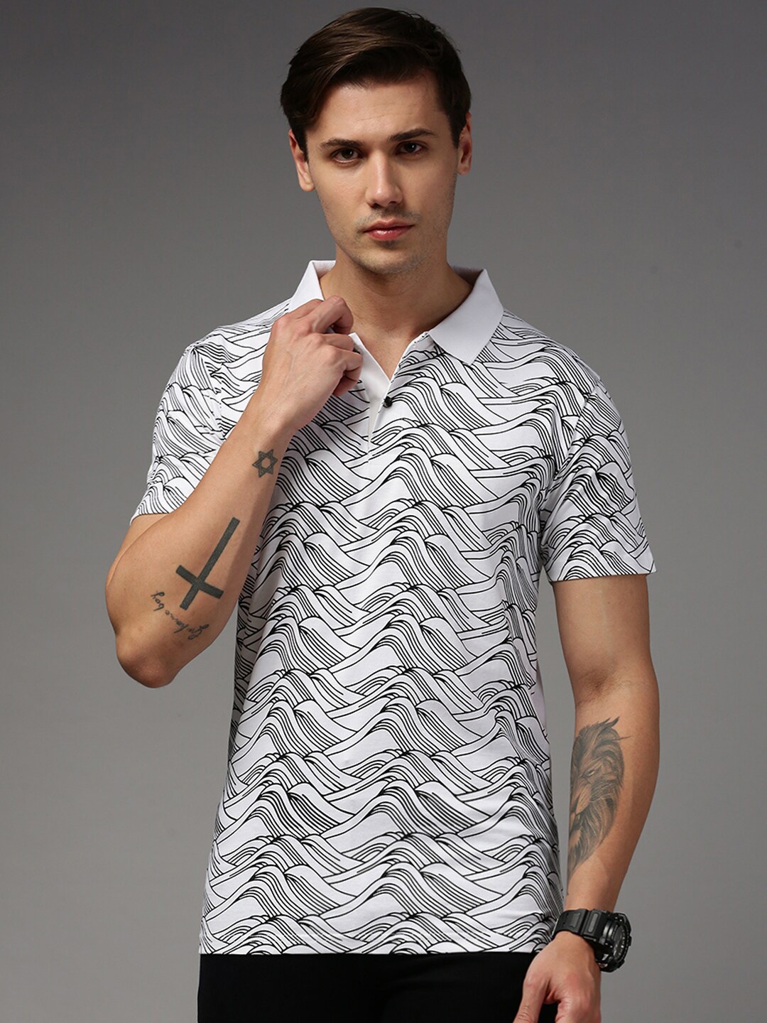 

Kryptic Abstract Printed Polo Collar Pure Cotton T-Shirt, White