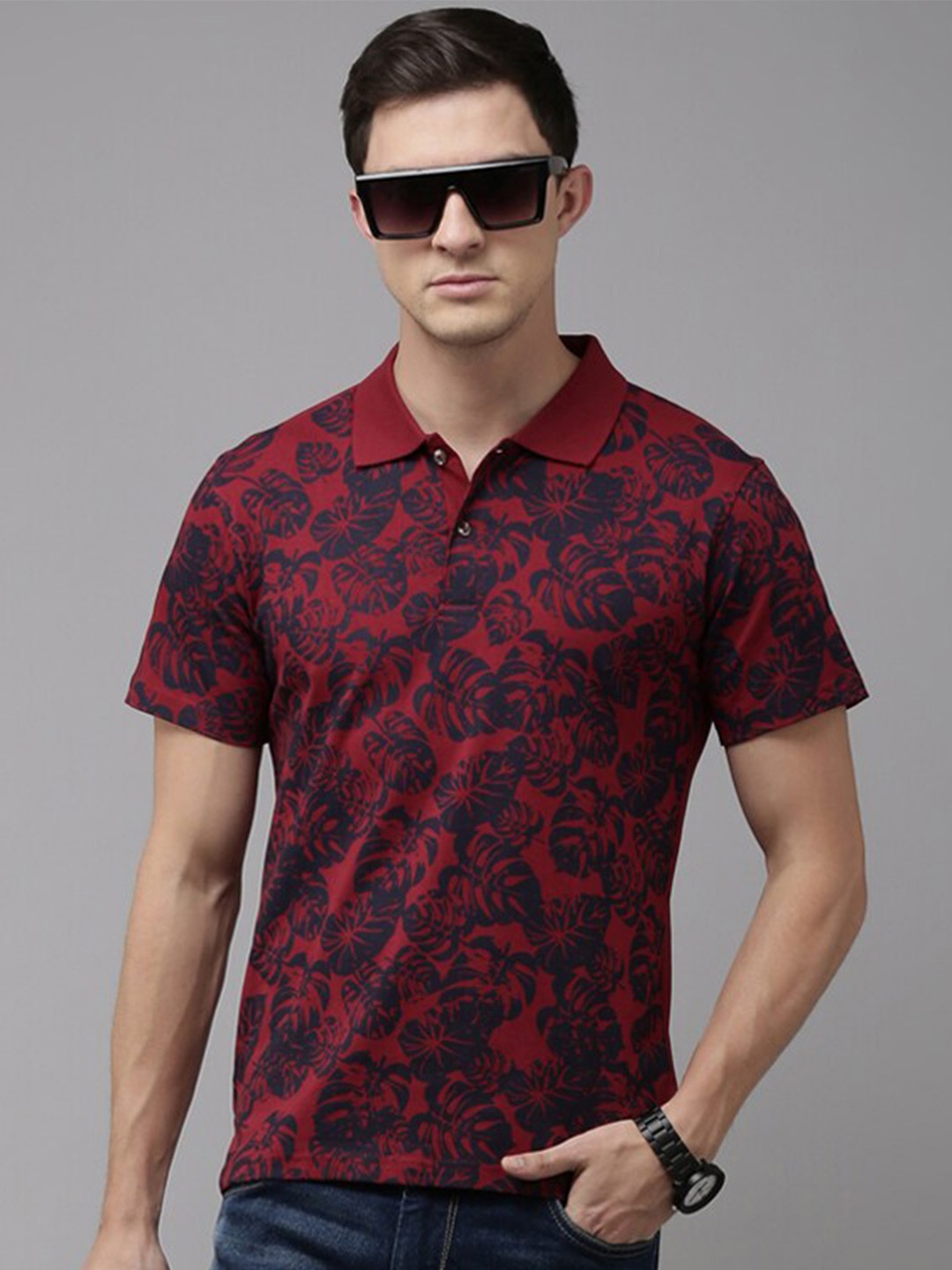 

Kryptic Tropical Printed Polo Collar Pure Cotton T-shirt, Maroon