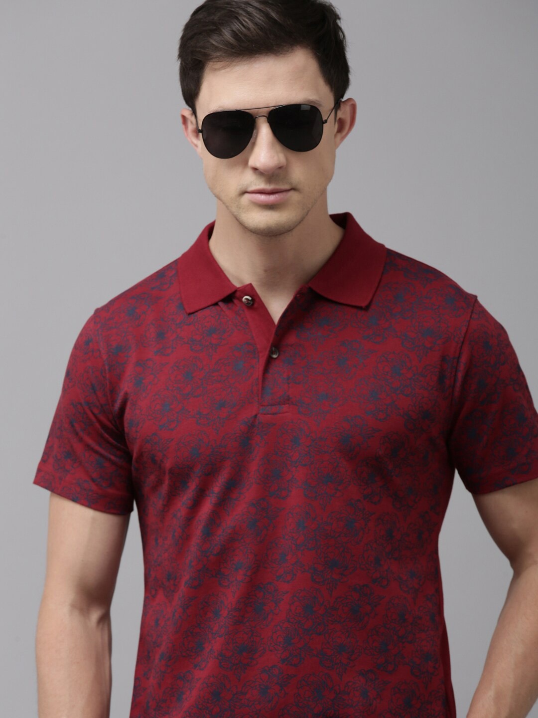 

Kryptic Floral Printed Polo Collar Pure Cotton T-shirt, Maroon