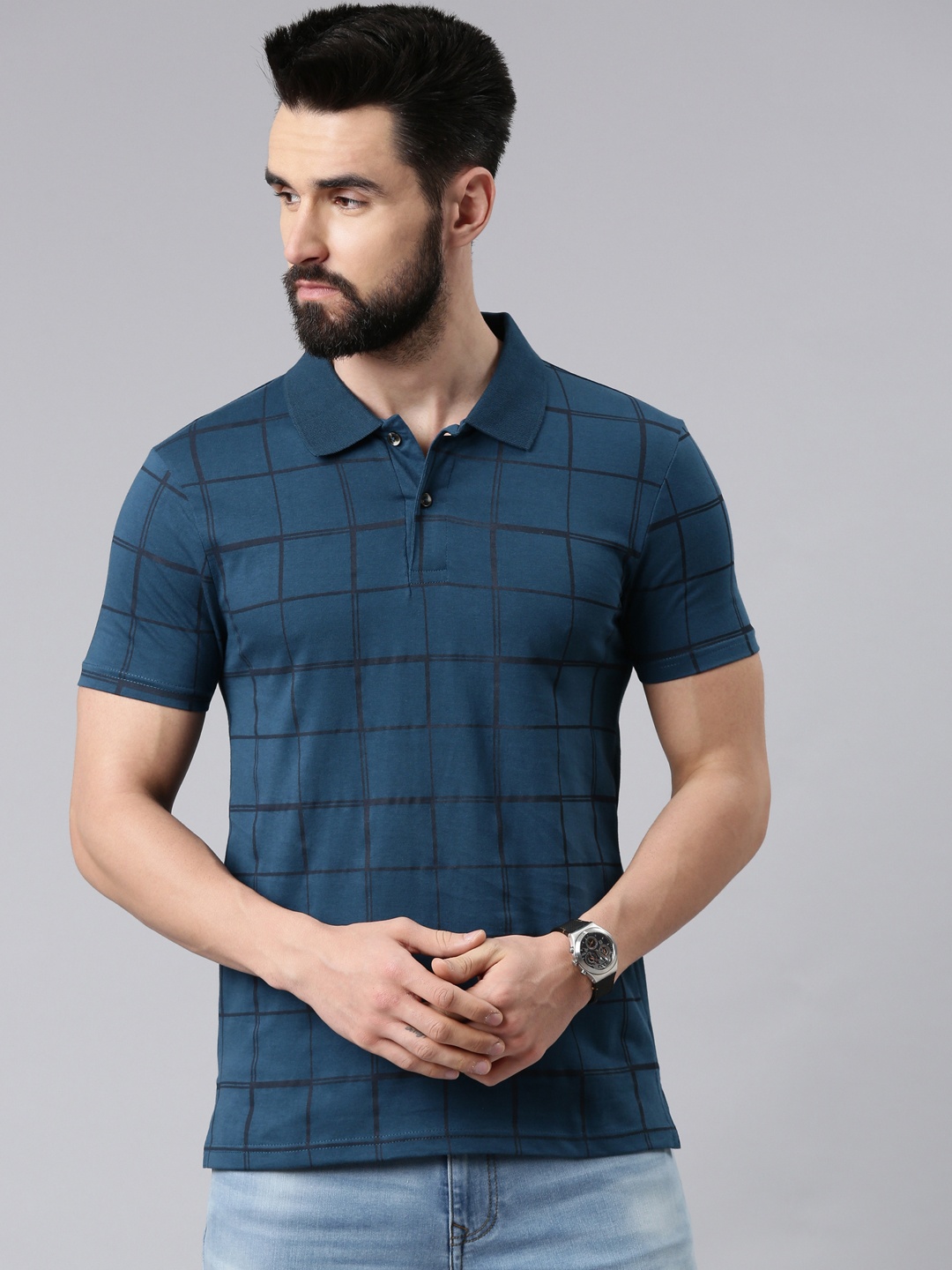 

Kryptic Checked Polo Collar Pure Cotton T-shirt, Blue