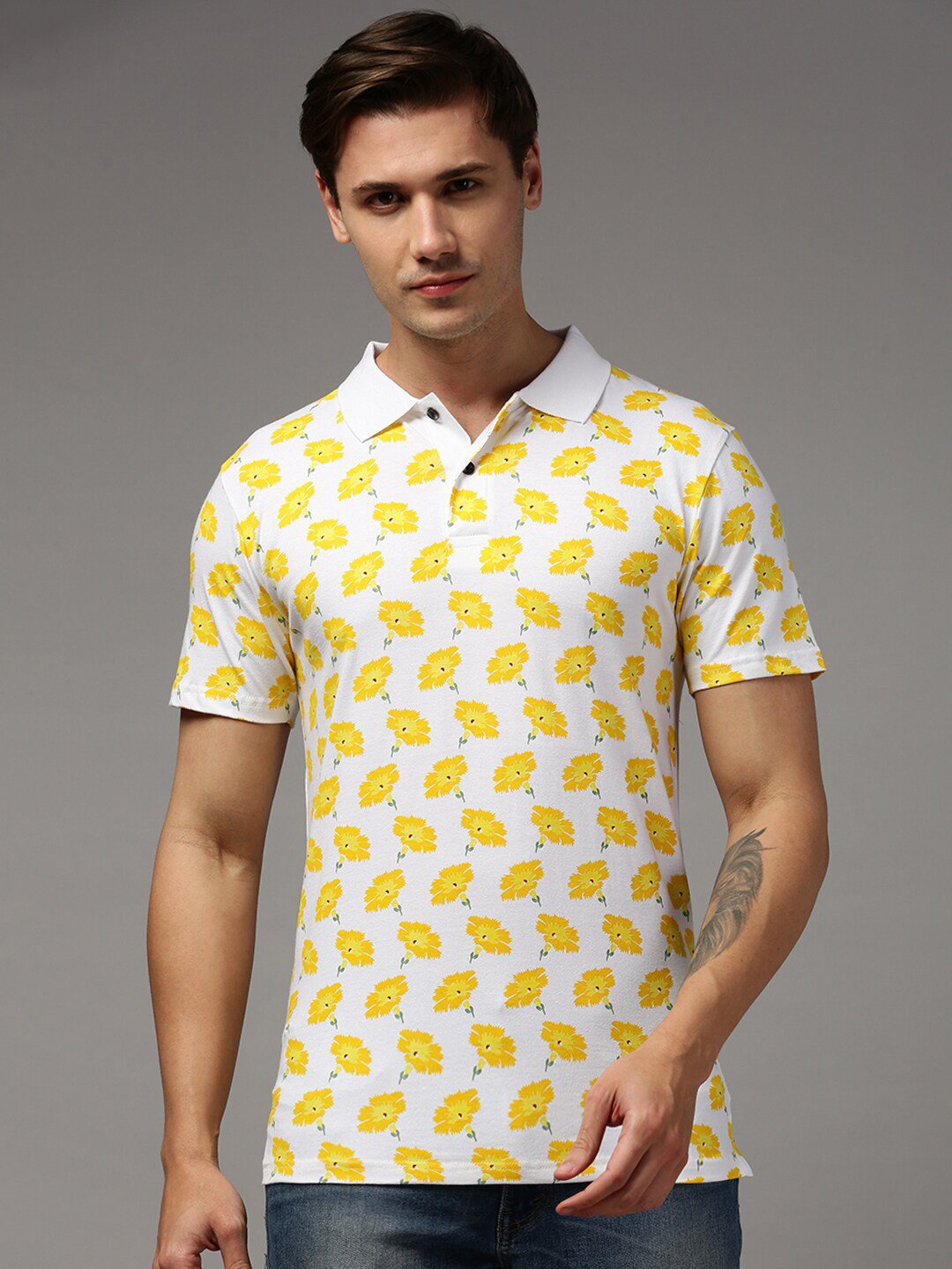 

Kryptic Floral Printed Polo Collar Pure Cotton T-shirt, White