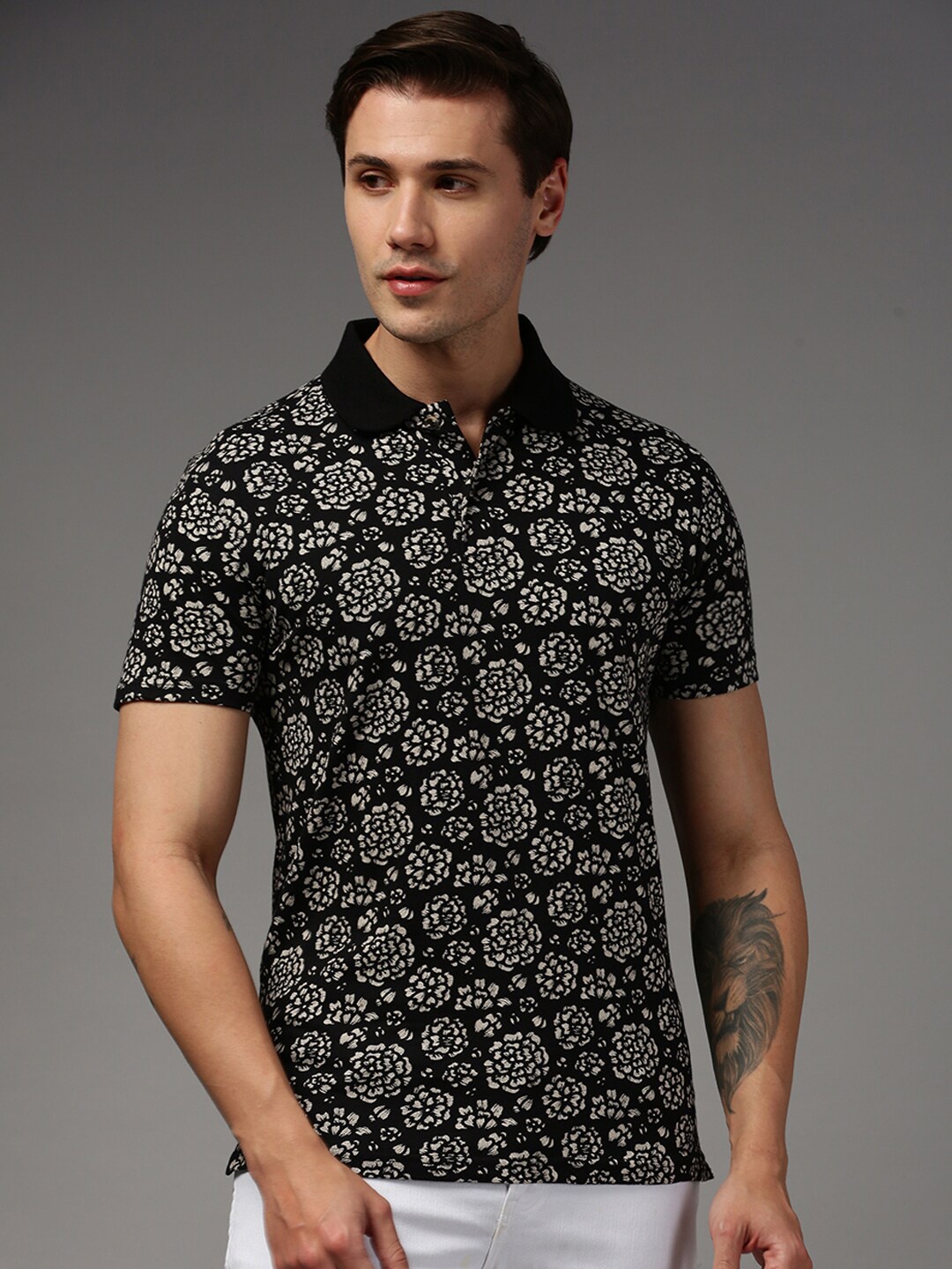 

Kryptic Floral Printed Pure Cotton Polo Collar T-shirt, Black