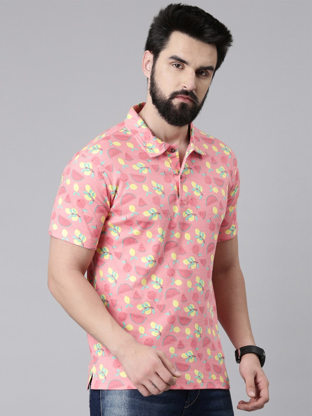 

Kryptic Floral Printed Polo Collar Pure Cotton T-shirt, Orange