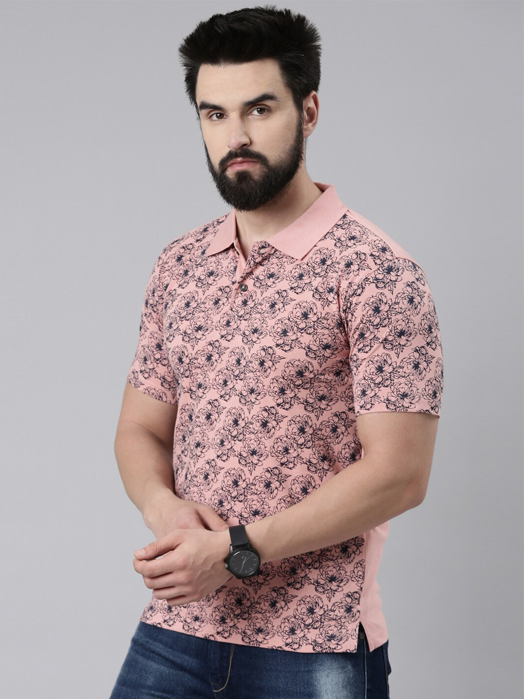 

Kryptic Floral Printed Polo Collar Pure Cotton T-shirt, Pink
