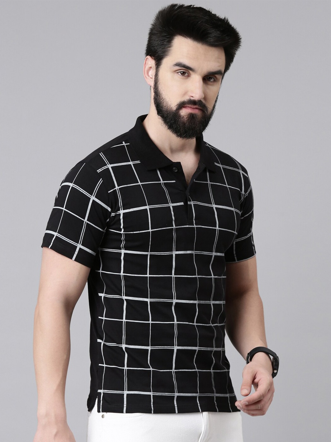 

Kryptic Checked Polo Collar Pure Cotton T-shirt, Black