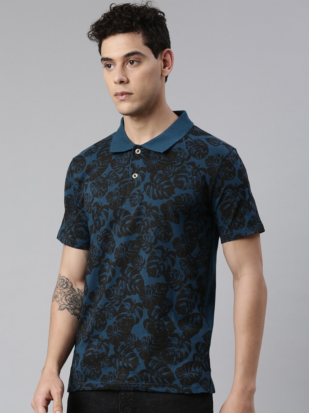 

Kryptic Tropical Printed Polo Collar Pure Cotton T-shirt, Blue