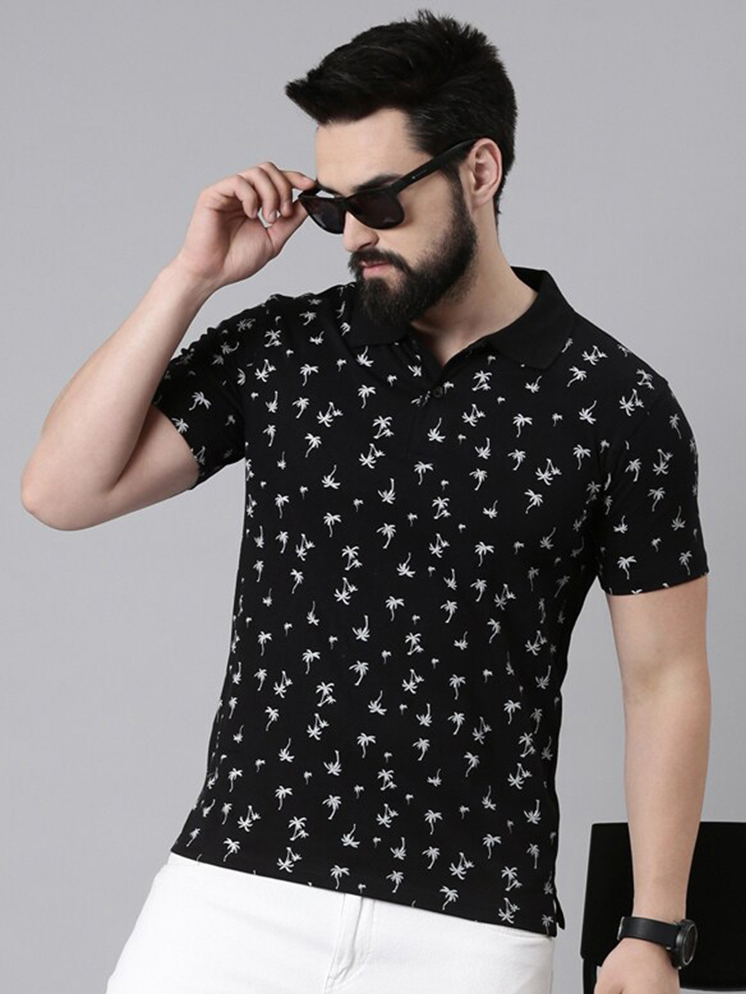 

Kryptic Tropical Printed Polo Collar Pure Cotton T-shirt, Black
