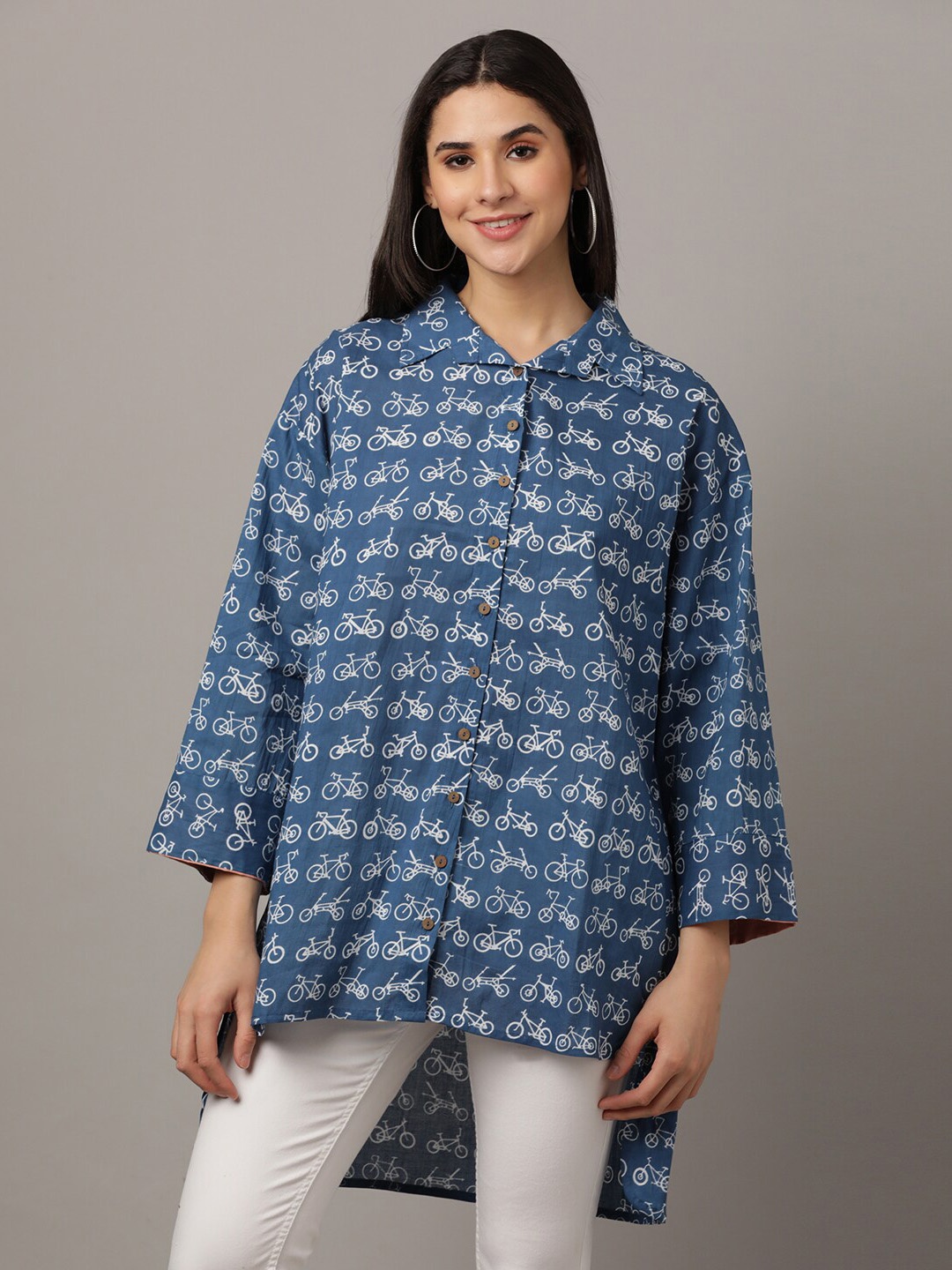 

The Mom Store Printed Relaxed Oversized Cotton Longline Casual Shirt, Blue
