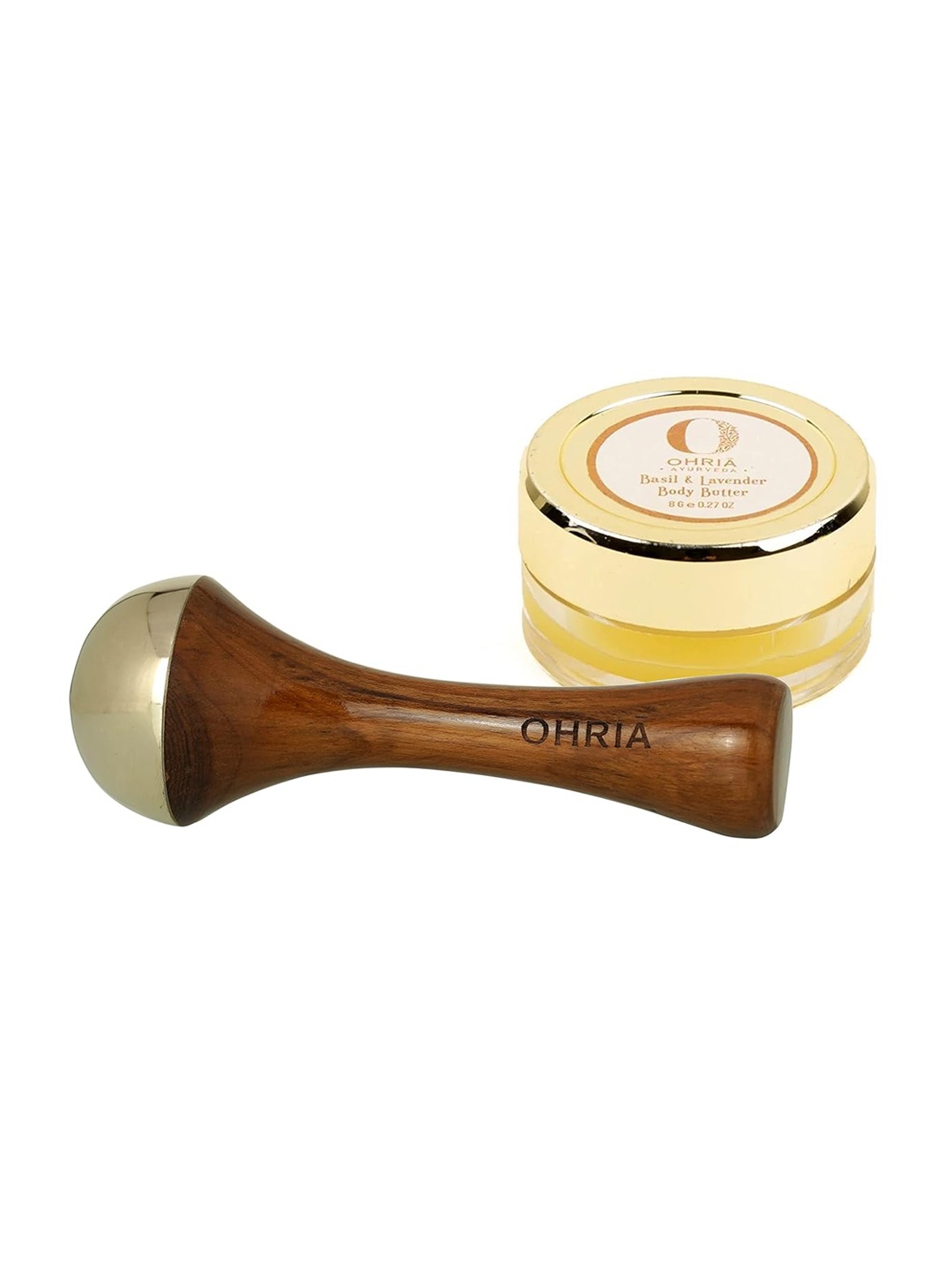 

OHRIA AYURVEDA Set Of Basil Lavender Body Butter & Kansa Body Massage Wand, Brown