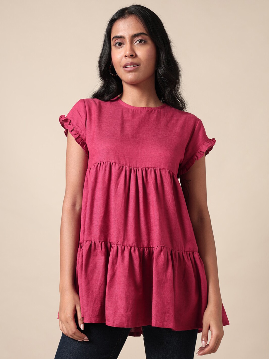 

Saaki Tiered Longline Pure Cotton Top, Pink