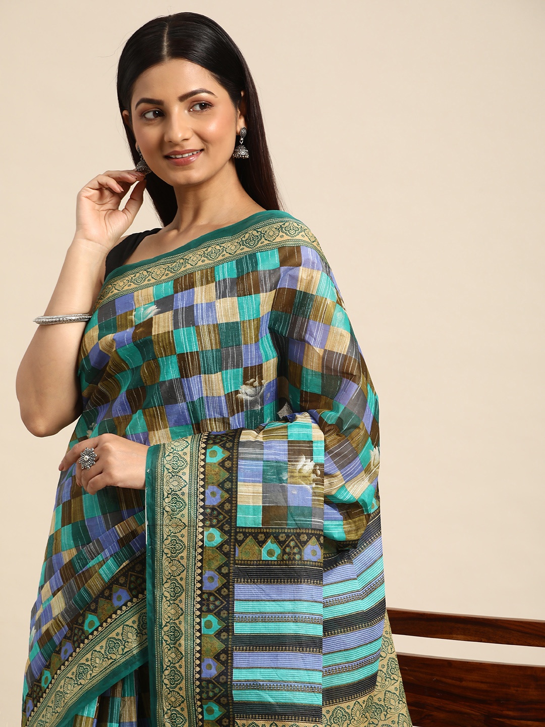 

Kalyan Silks Checked Pure Cotton Patola Saree, Blue