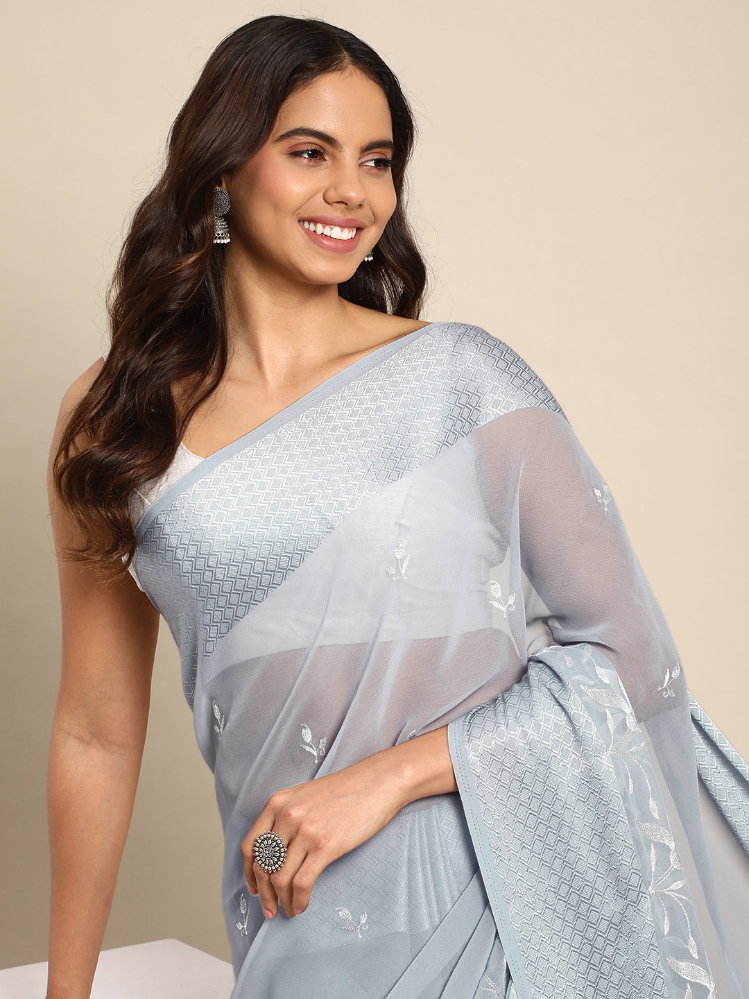 

Kalyan Silks Floral Embroidered Pure Georgette Chanderi Saree, Grey