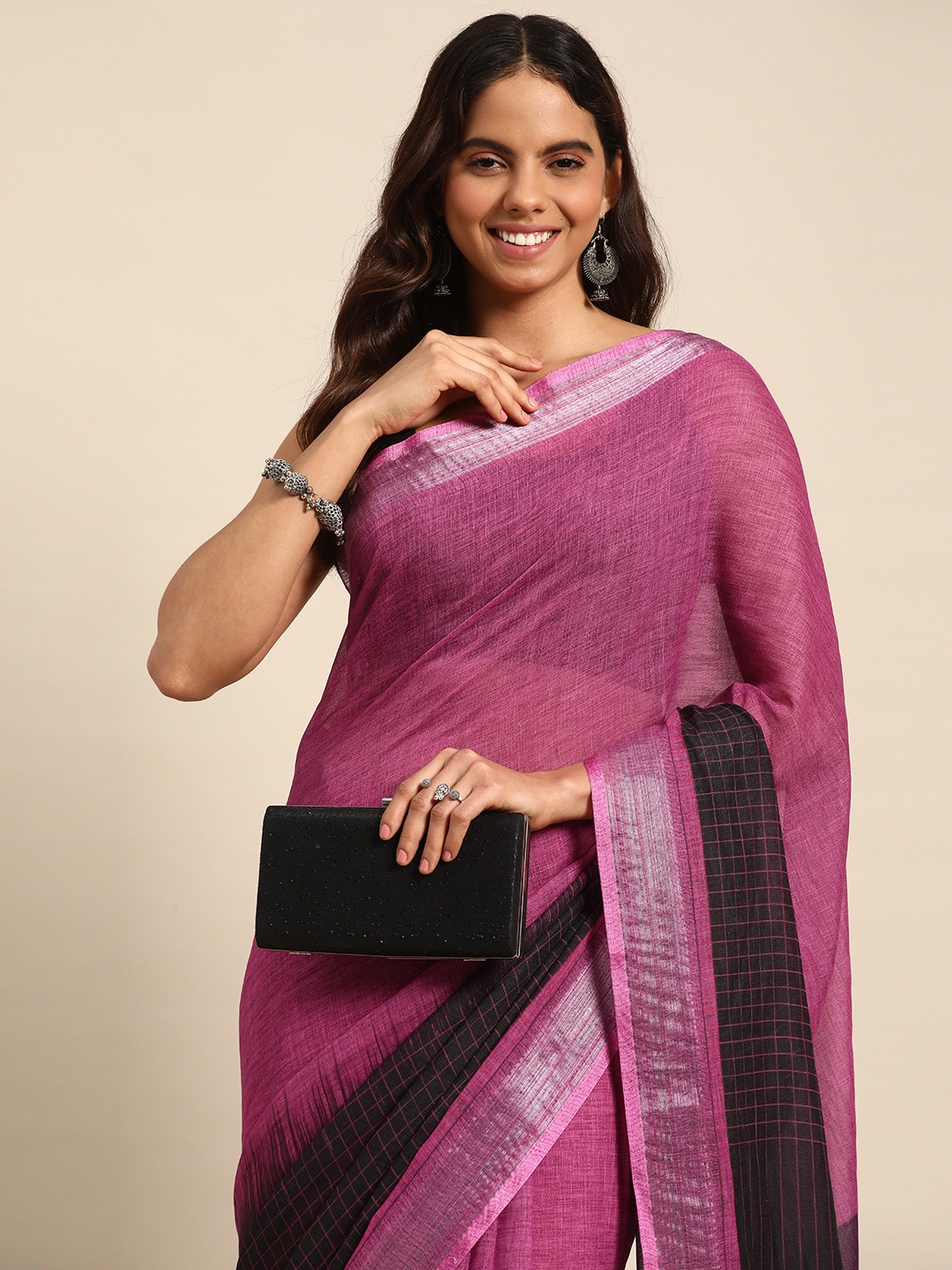 

Kalyan Silks Checked Pure Linen Chanderi Saree, Black