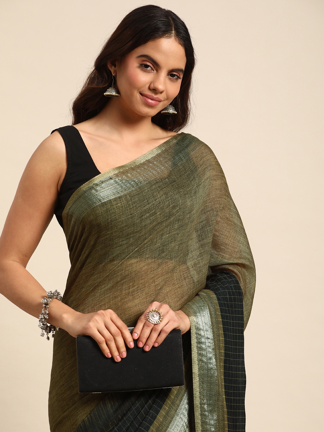 

Kalyan Silks Checked Pure Linen Chanderi Saree, Black