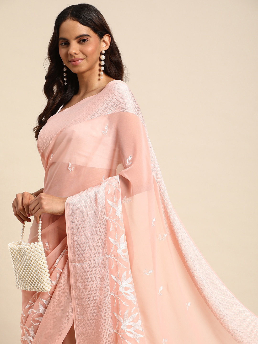 

Kalyan Silks Floral Embroidered Pure Georgette Chanderi Saree, Pink