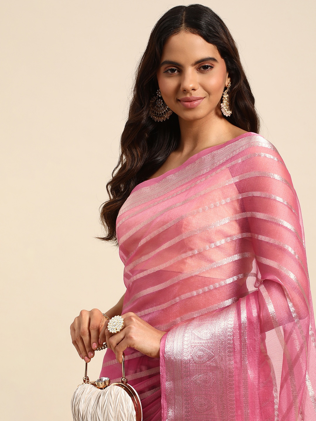 

Kalyan Silks Ethnic Motifs Organza Zari Tussar Saree, Pink