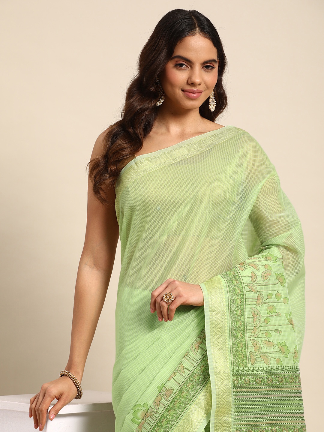 

Kalyan Silks Checked Pure Cotton Chanderi Saree, Green