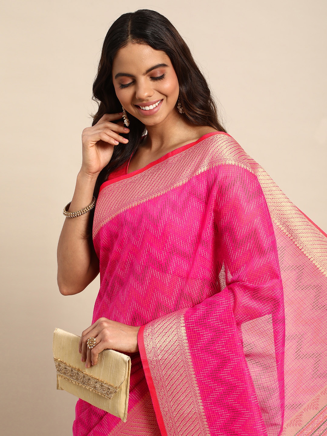 

Kalyan Silks Pure Cotton Zari Chanderi Saree, Pink