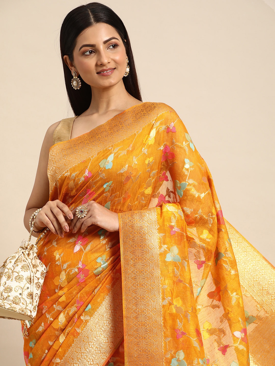 

Kalyan Silks Floral Tissue Tussar Saree, Mustard