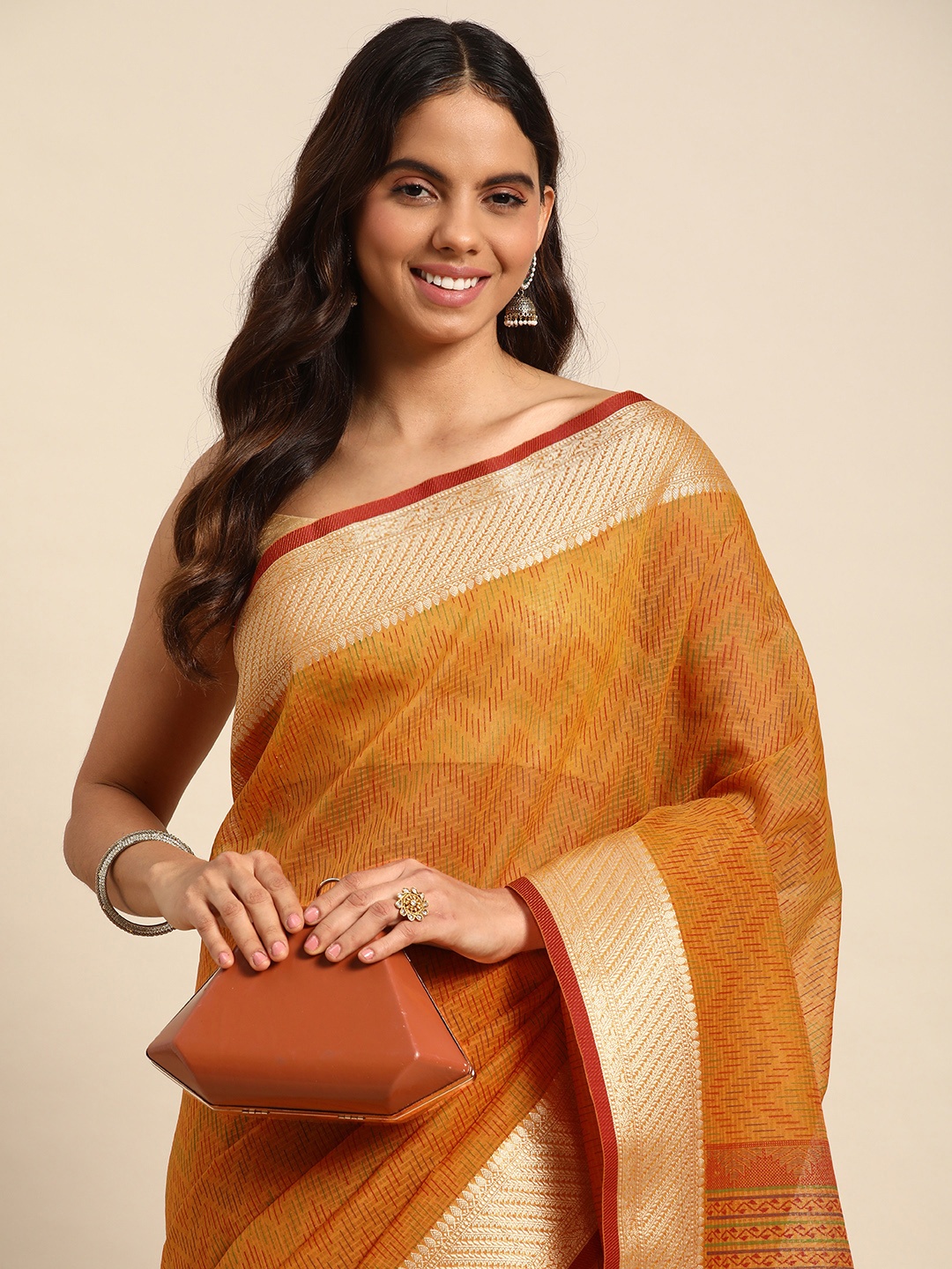 

Kalyan Silks Zari Pure Cotton Chanderi Saree, Orange