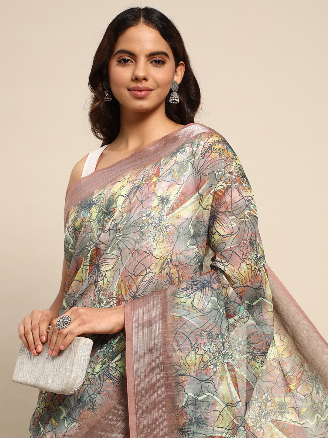 

Kalyan Silks Floral Pure Linen Saree, Brown