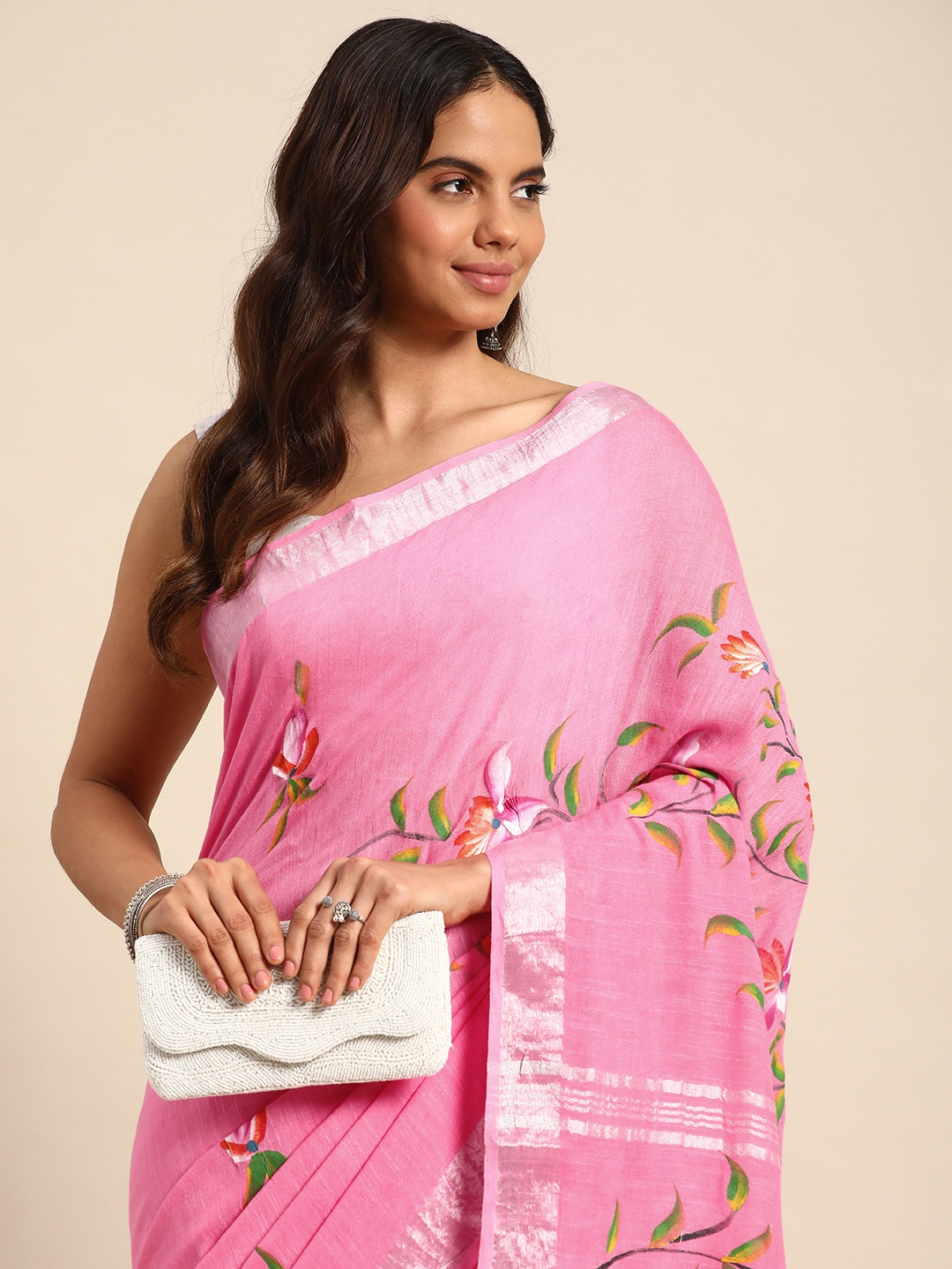 

Kalyan Silks Floral Pure Linen Banarasi Saree, Pink