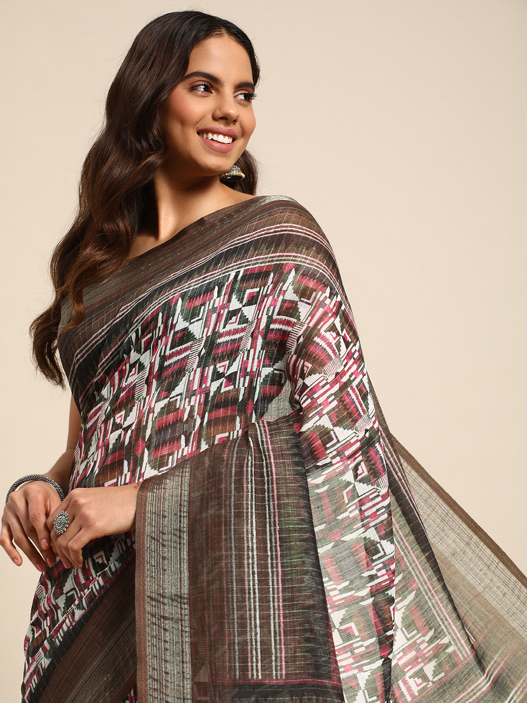 

Kalyan Silks Pure Linen Taant Saree, Brown
