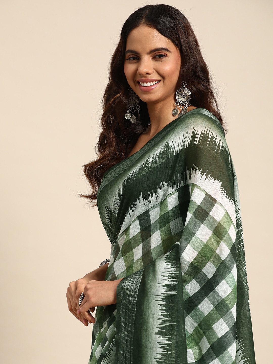 

Kalyan Silks Checked Pure Linen Chanderi Saree, Green