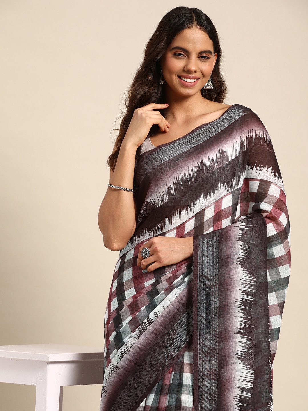 

Kalyan Silks Checked Pure Cotton Tussar Saree, Coffee brown