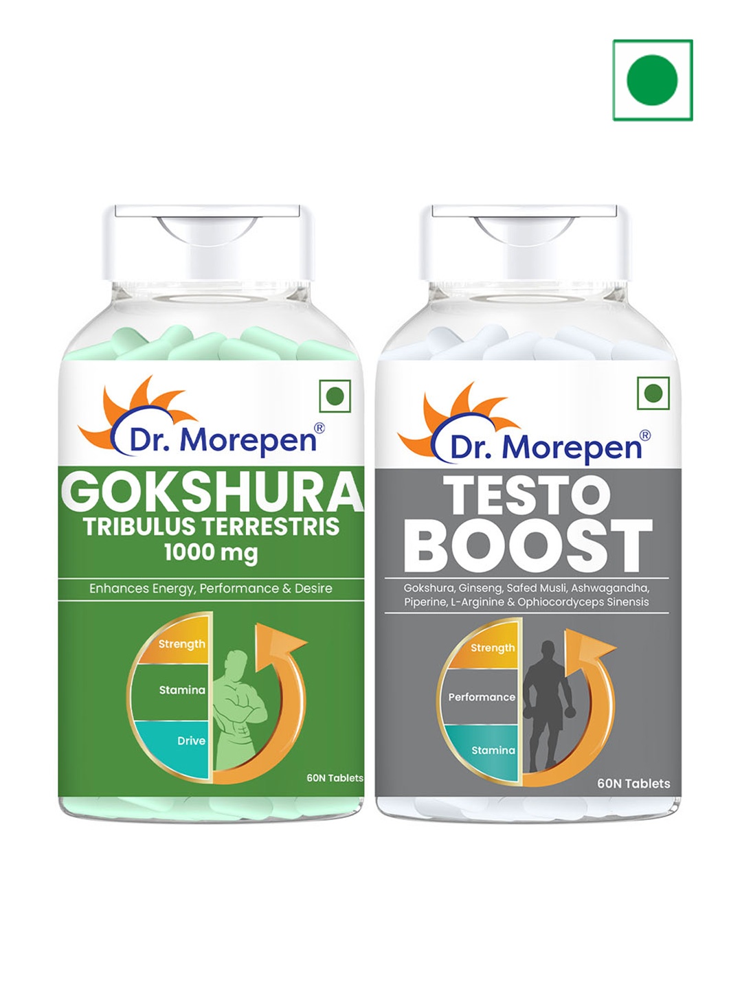 

Dr. Morepen Men Set of Gokshura & Testo Boost Tablets - 60 Tablets Each, Green