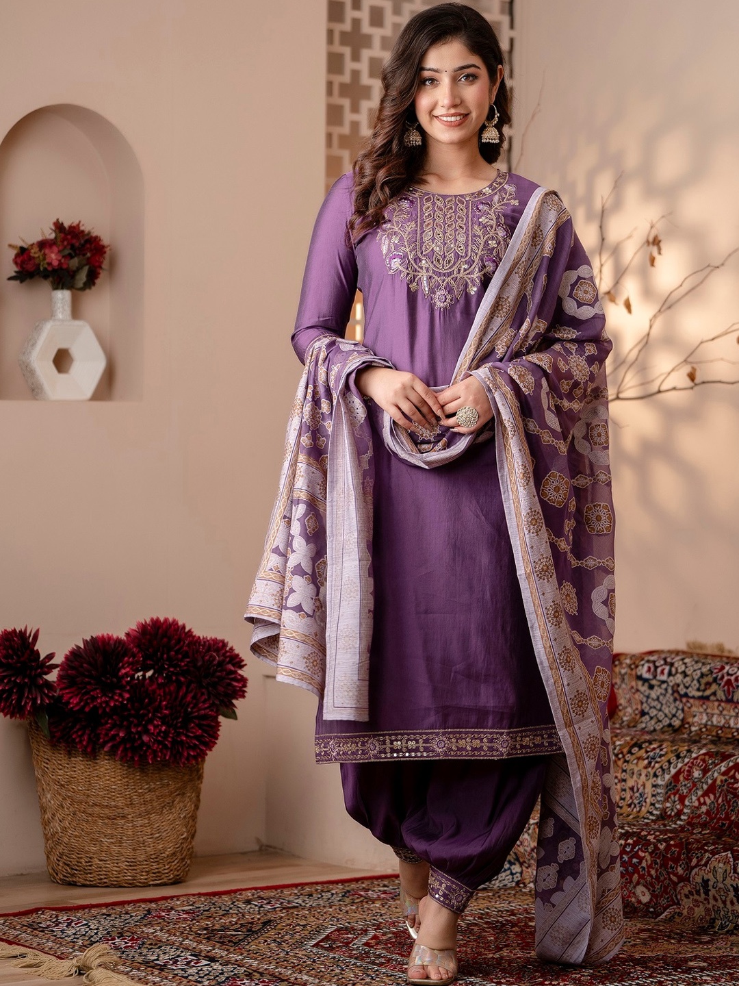 

CKM Floral Embroidered Gotta Patti Dupion Silk Kurta with Harem Pants & With Dupatta, Purple