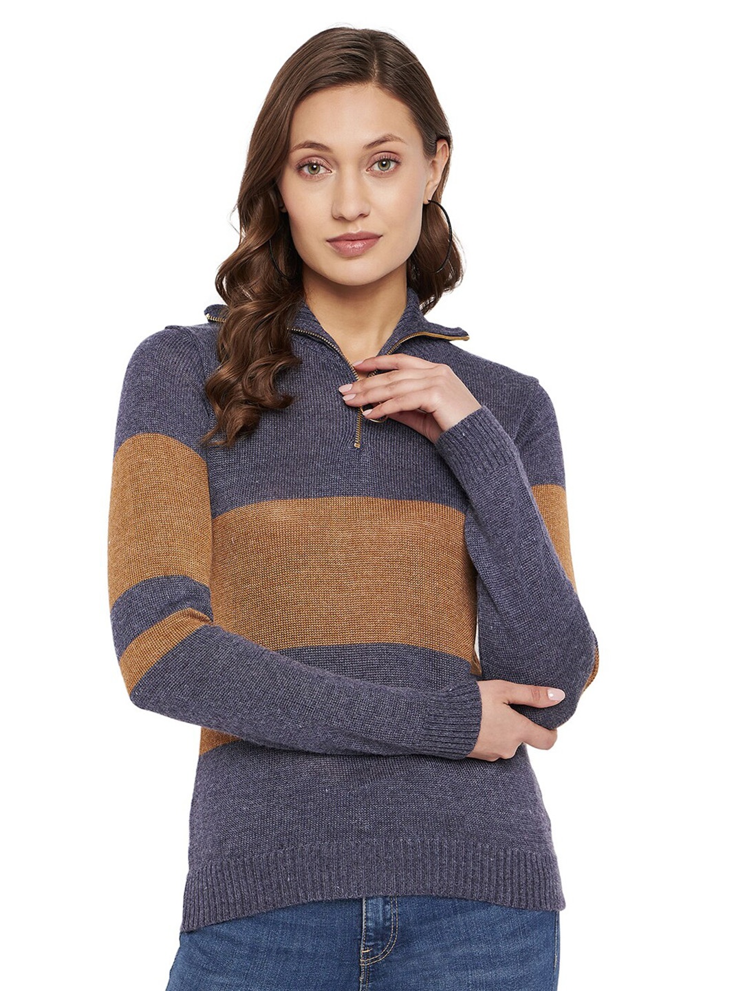 

all about you Colourblocked Half Zipper Ribbed Pullover, Navy blue