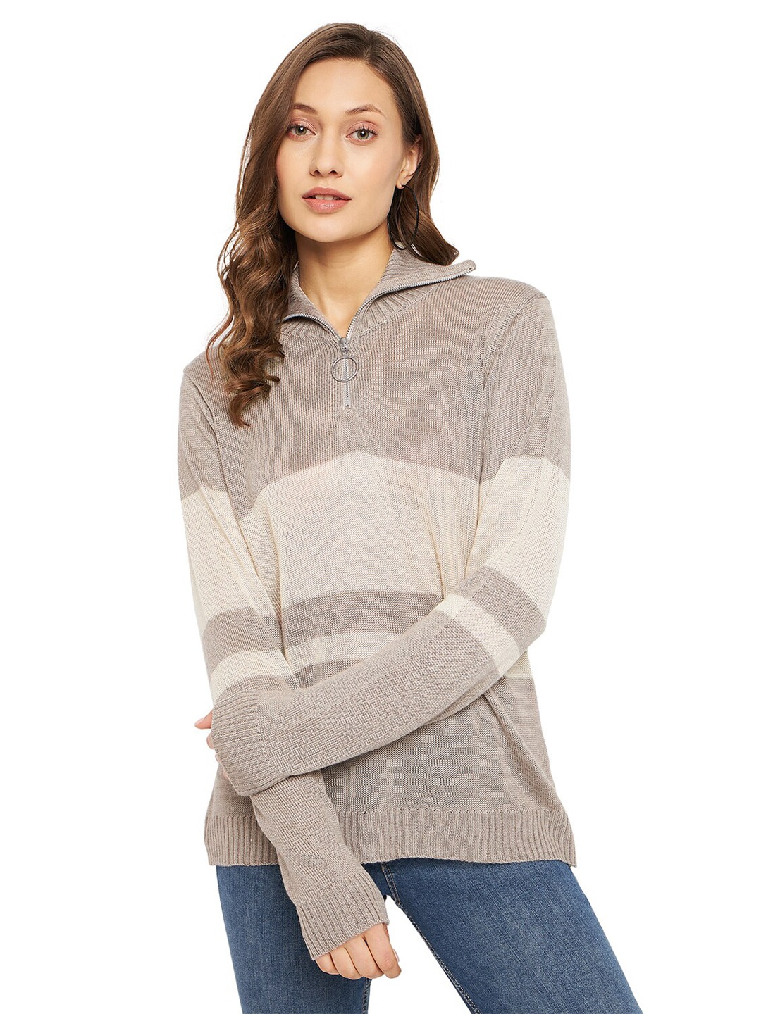 

all about you Colourblocked Half Zipper Ribbed Acrylic Pullover, Beige