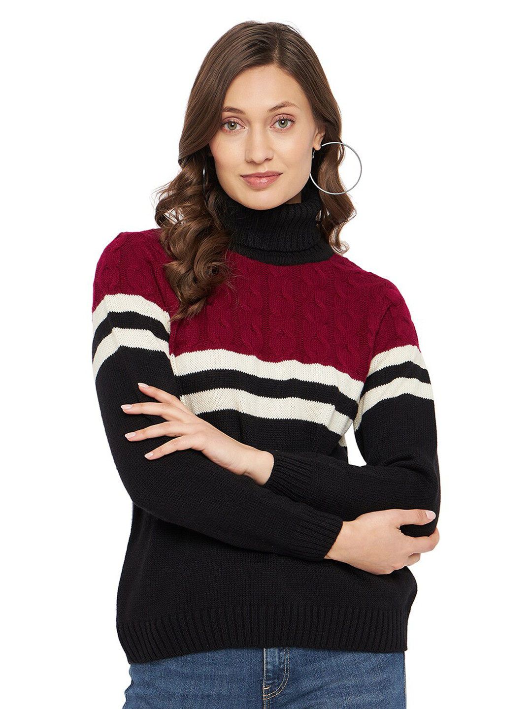

all about you Colourblocked Turtle Neck Ribbed Acrylic Pullover, Black