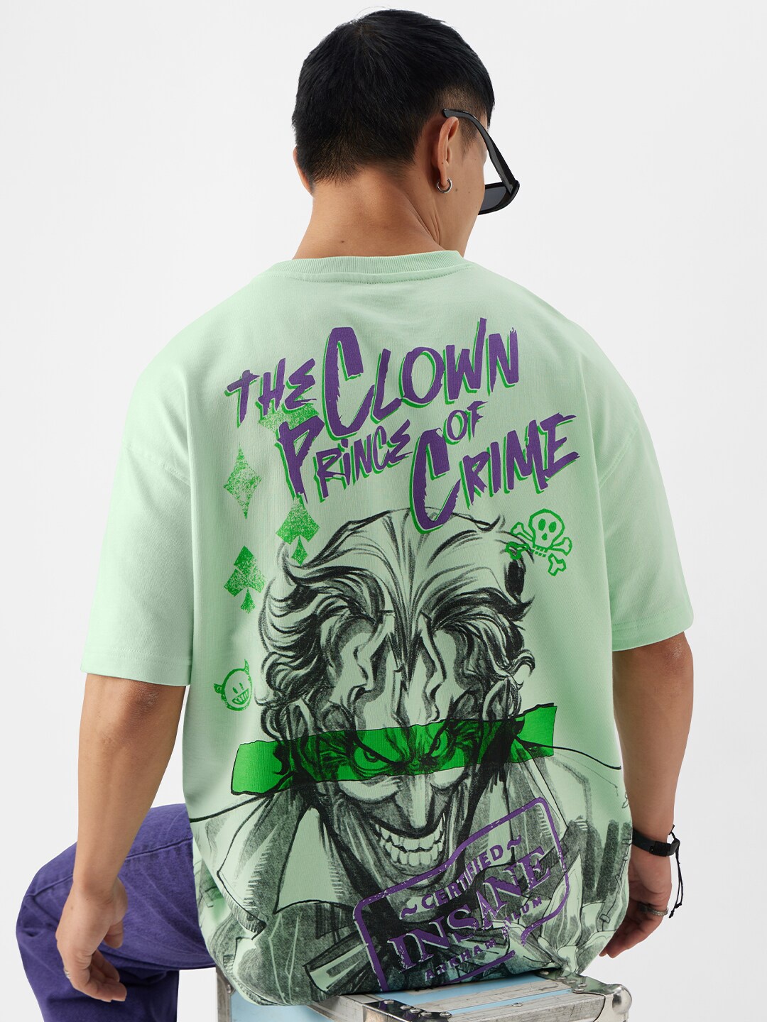 

The Souled Store Men Green Joker Printed Pure Cotton Oversized T-shirt