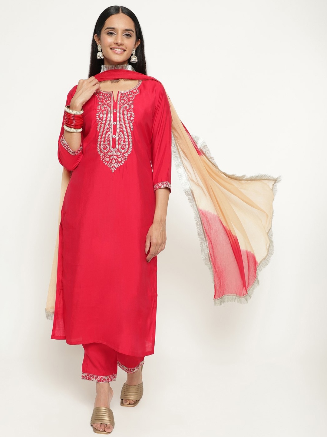 

AURIELLA Yoke Design Kurta & Trousers With Dupatta, Red