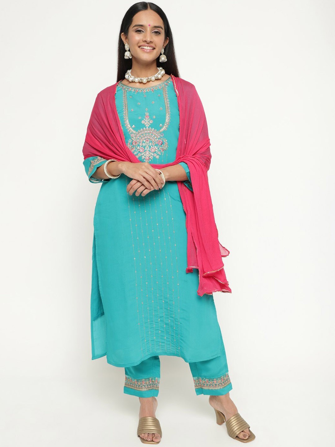 

AURIELLA Ethnic Motifs Yoke Design Kurta With Trousers & Dupatta, Turquoise blue