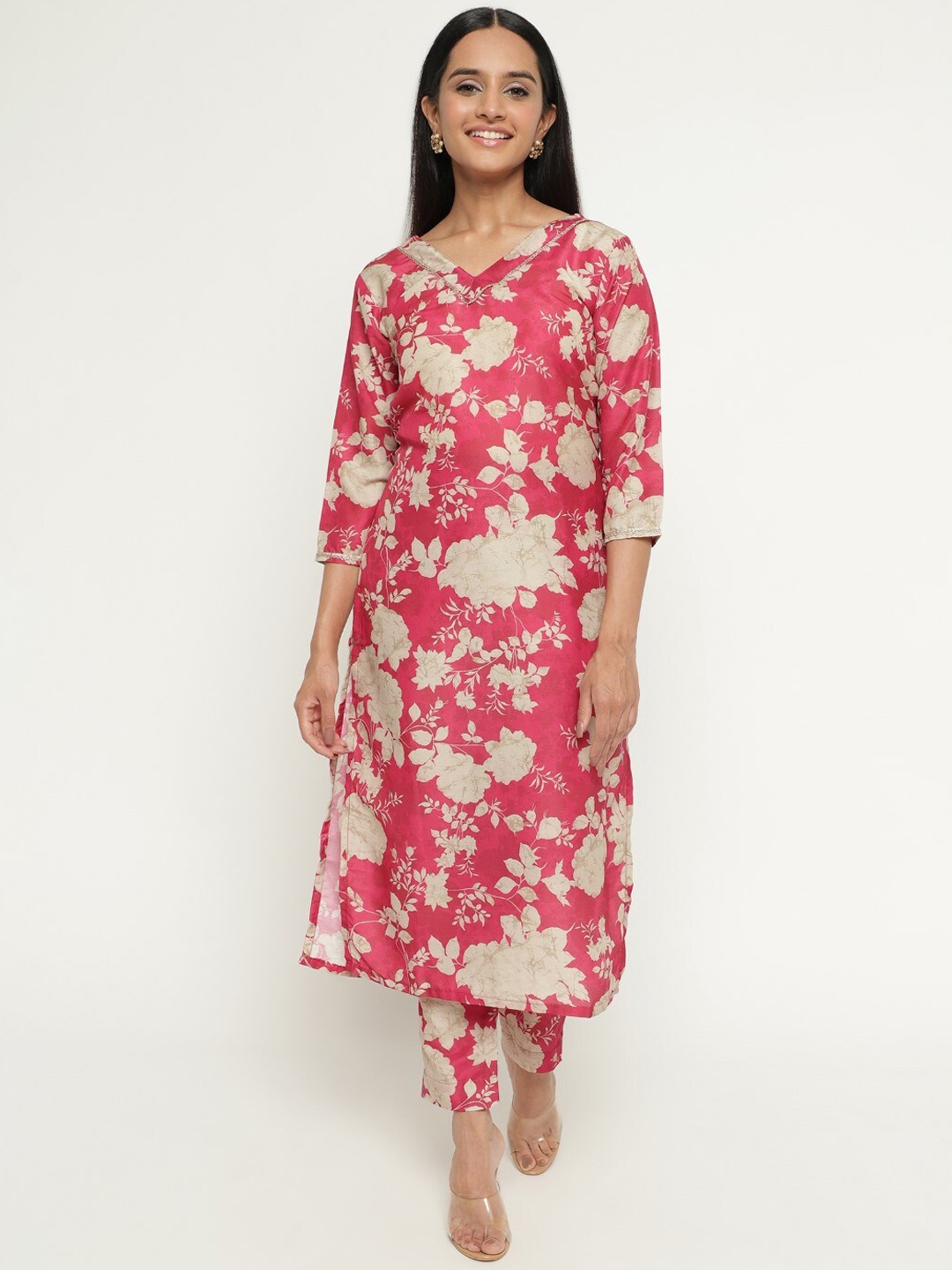

AURIELLA Floral Printed Kurta with Trousers, Pink