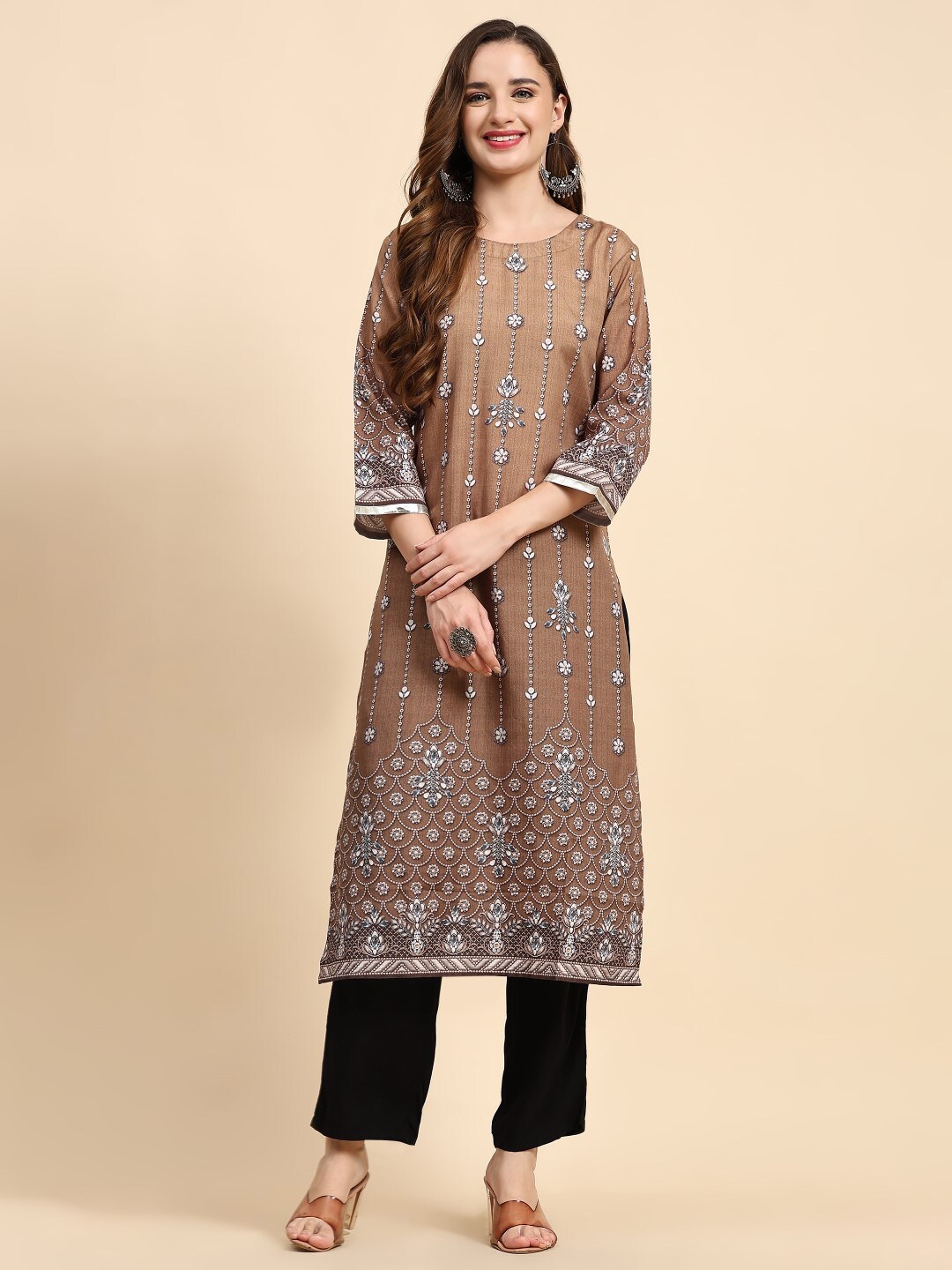 

AURIELLA Ethnic Motifs Printed Cotton Straight Kurta, Beige