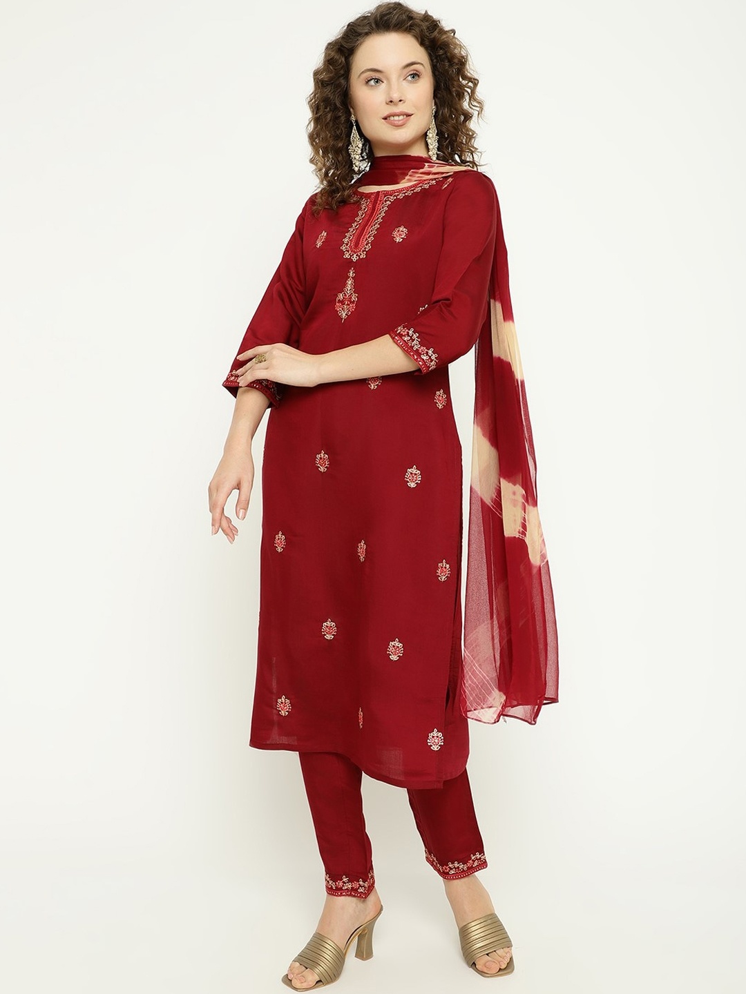 

AURIELLA Ethnic Motifs Embroidered Kurta With Trousers & Dupatta, Maroon