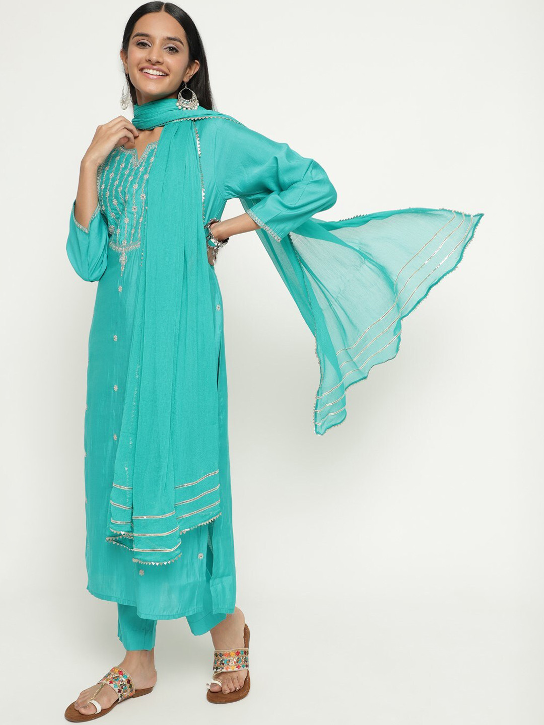 

AURIELLA Floral Embroidered Sequinned Kurta & Trousers With Dupatta, Blue