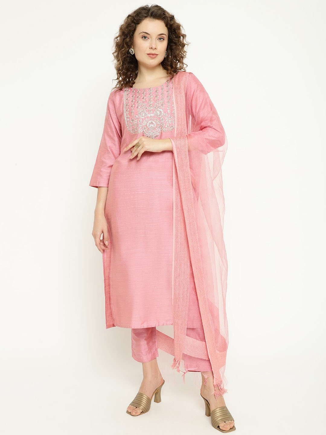 

AURIELLA Ethnic Motifs Yoke Design Kurta With Trousers & Dupatta, Pink