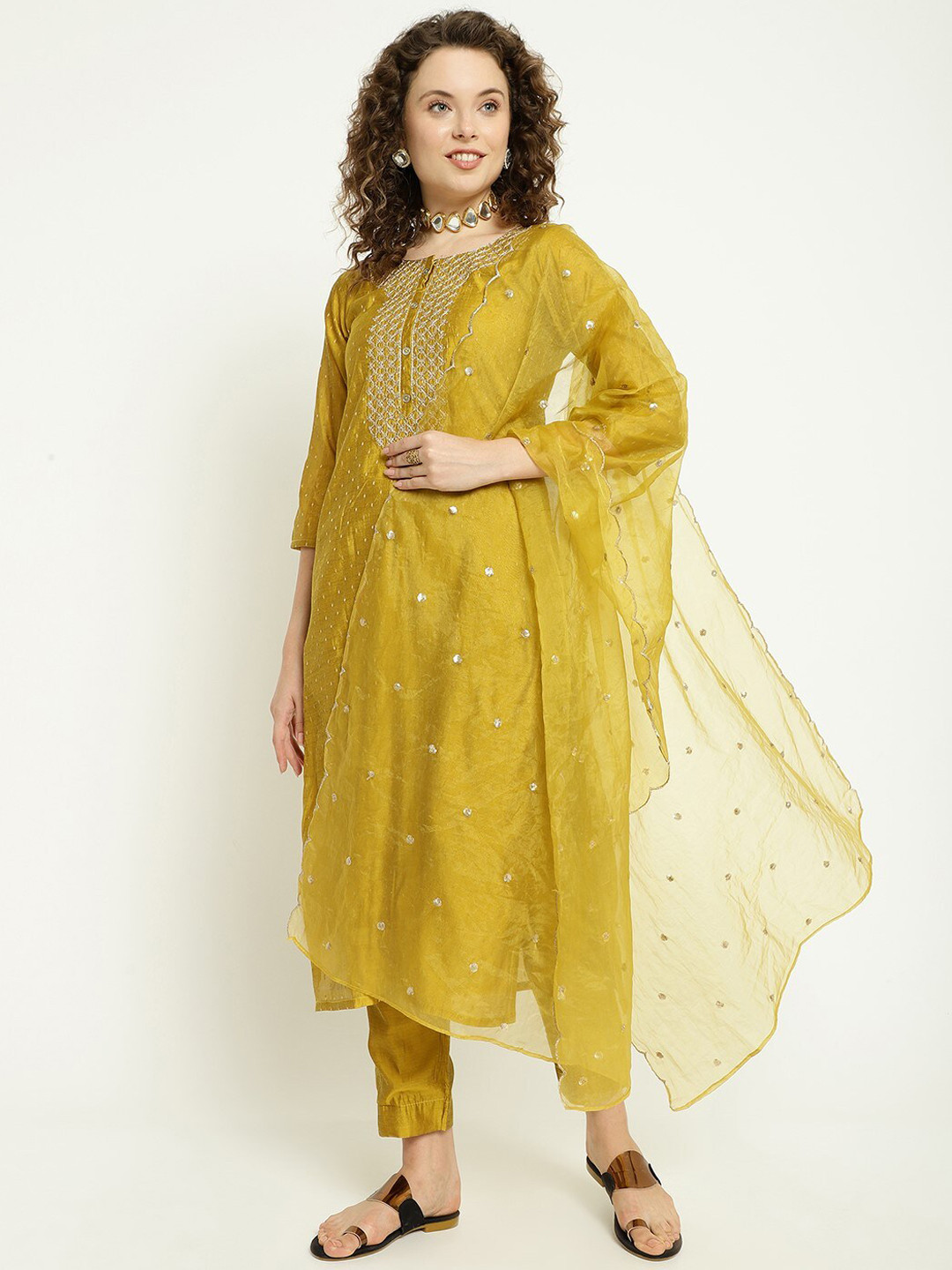 

AURIELLA Ethnic Motifs Yoke Design Thread Work Straight Kurta & Trousers With Dupatta, Mustard
