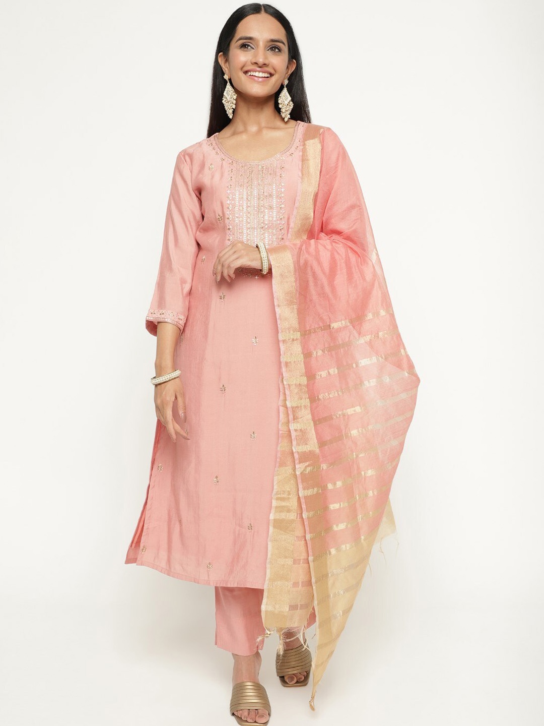 

AURIELLA Ethnic Motif Embroidered Regular Kurta With Trousers & Dupatta, Peach