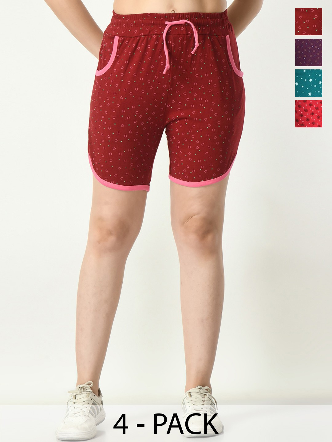 

BAESD Women Pack Of 4 High-Rise Conversational Printed Casual Cotton Shorts, Maroon