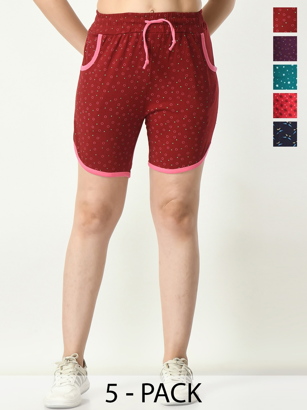 

BAESD Women Pack Of 5 Conversational Printed High-Rise Hot Pant Shorts, Maroon