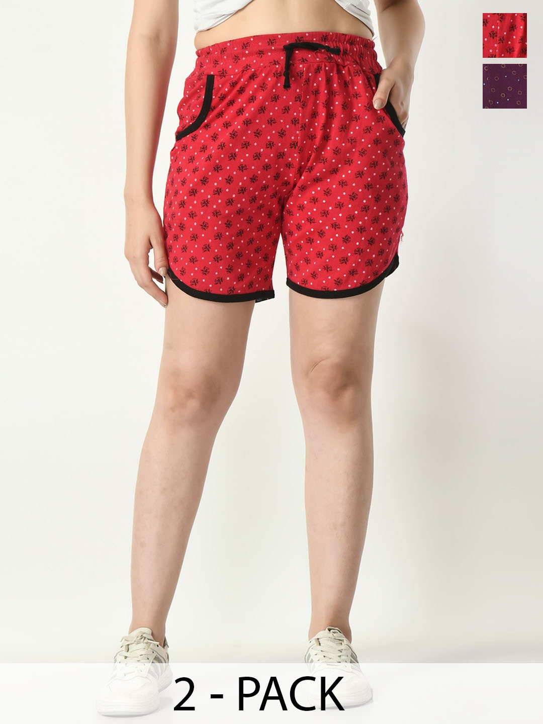 

BAESD Women Pack Of 2 Conversational Printed High-Rise Cotton Hot Pants Shorts, Red