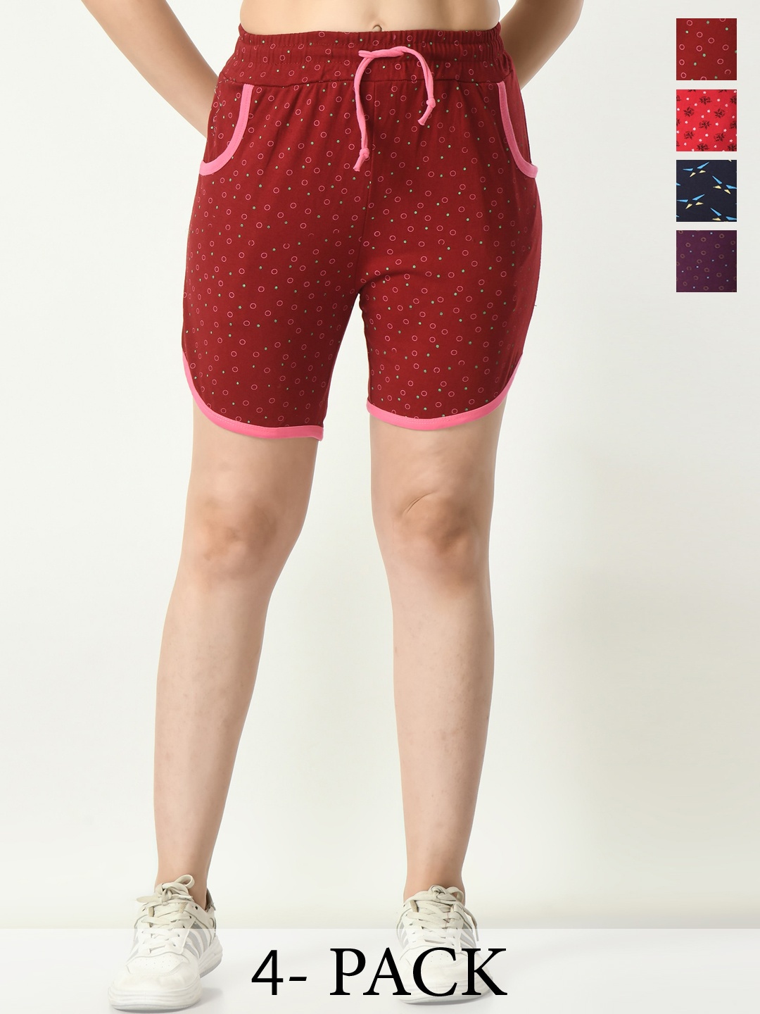 

BAESD Women Pack Of 4 Geometric Printed High-Rise Cotton Shorts, Red