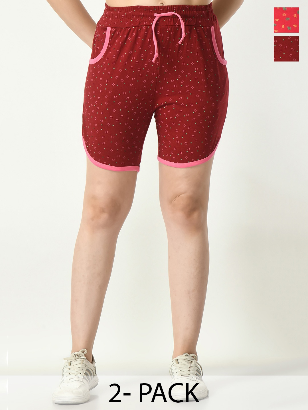 

BAESD Women Pack Of 2 Geometric Printed High-Rise Cotton Shorts, Maroon