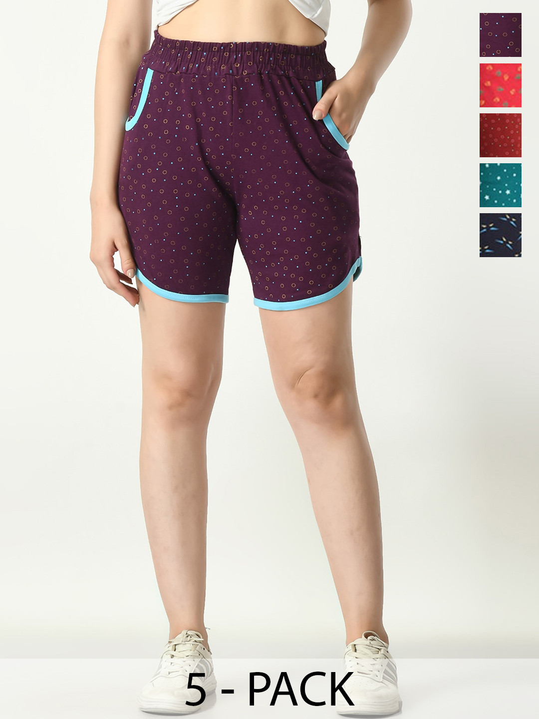 

BAESD Women Pack Of 5 Conversational Printed High-Rise Hot Pant Shorts, Burgundy